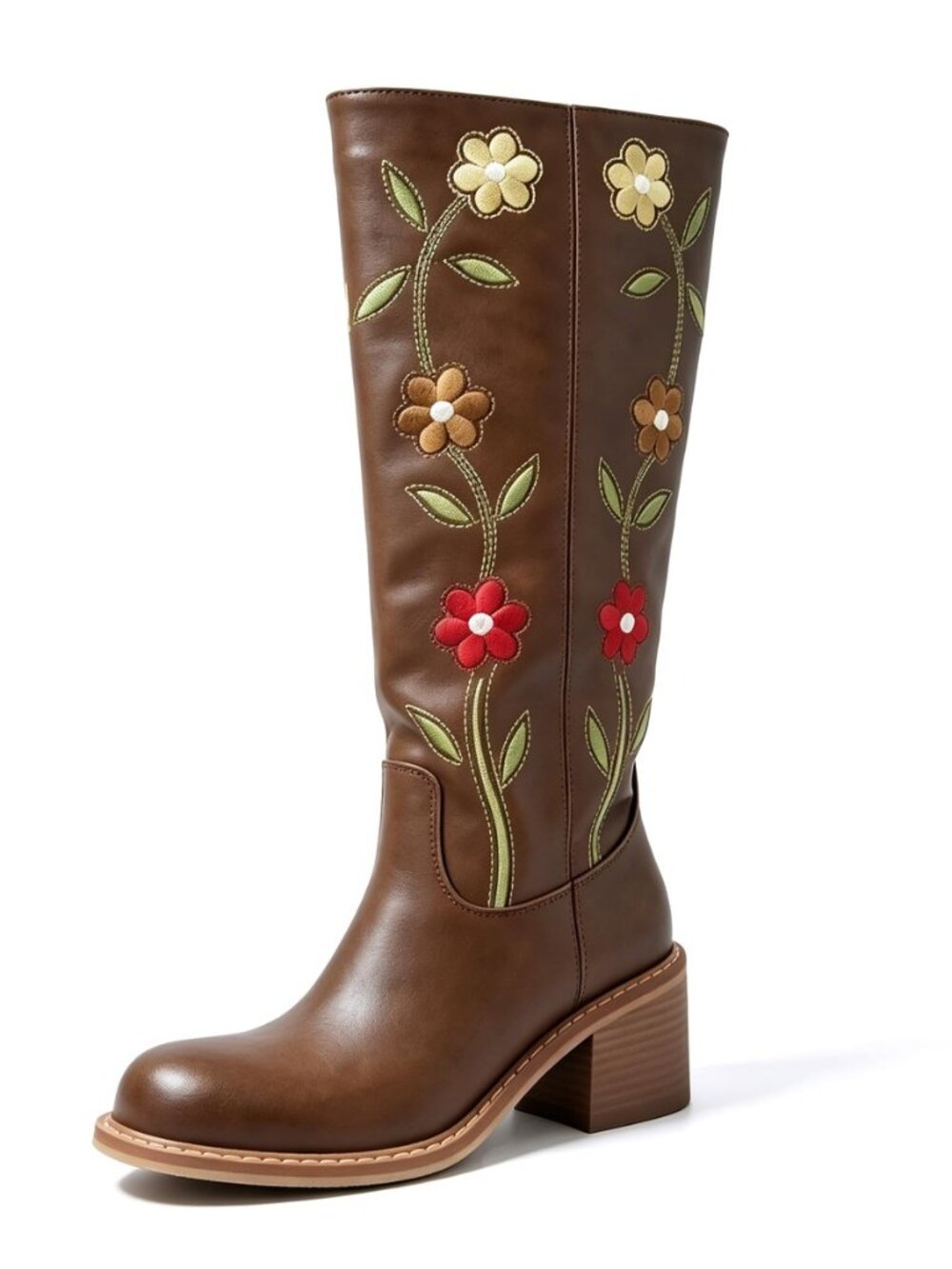 Women's Floral Embroidered Western Cowboy Boots, Mid Calf Square Heel Pull On